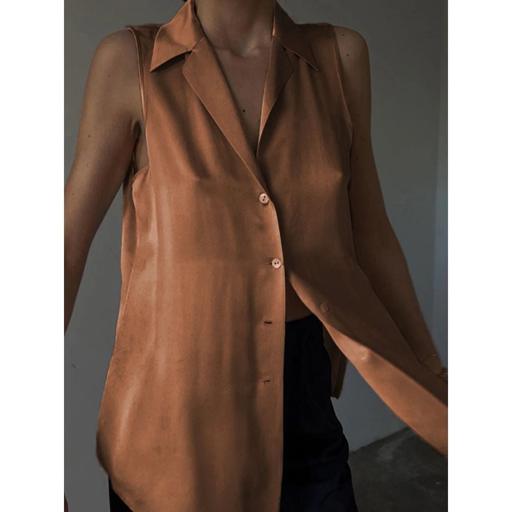 Commense Leisure Satin Sleeveless Blouse Copper Brown Size Small