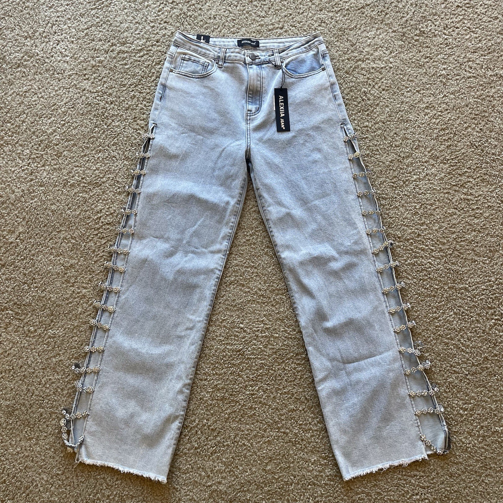 Alexiia Jean Light Wash Bedazzled High Slit Denim Pants Sz Large