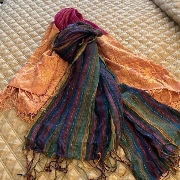Bundle of 2 Large Oblong Scarfs with Hand Knotted Fringe.