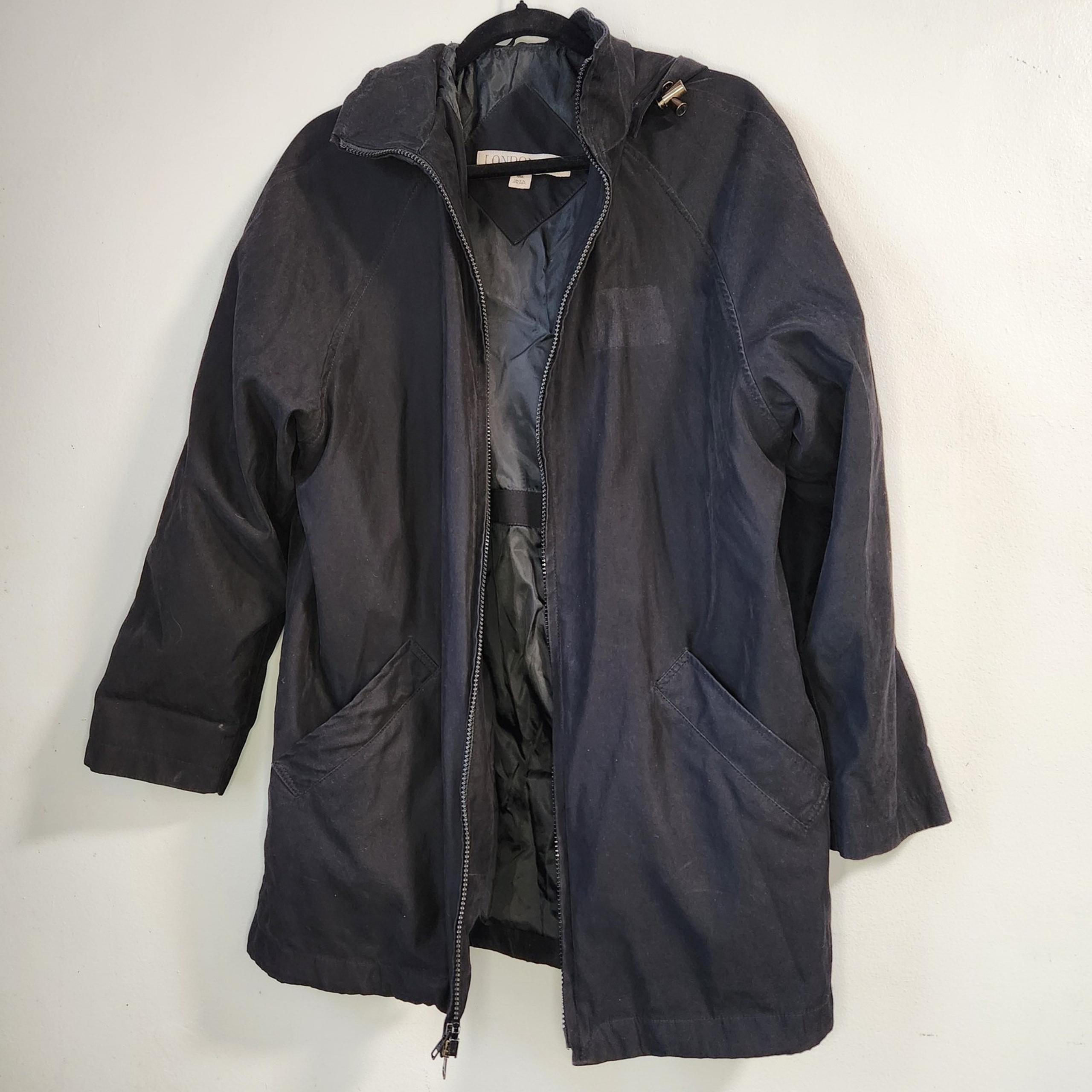 London Fog Rain Coat Hooded Outerwear Classic Jacket Black Medium