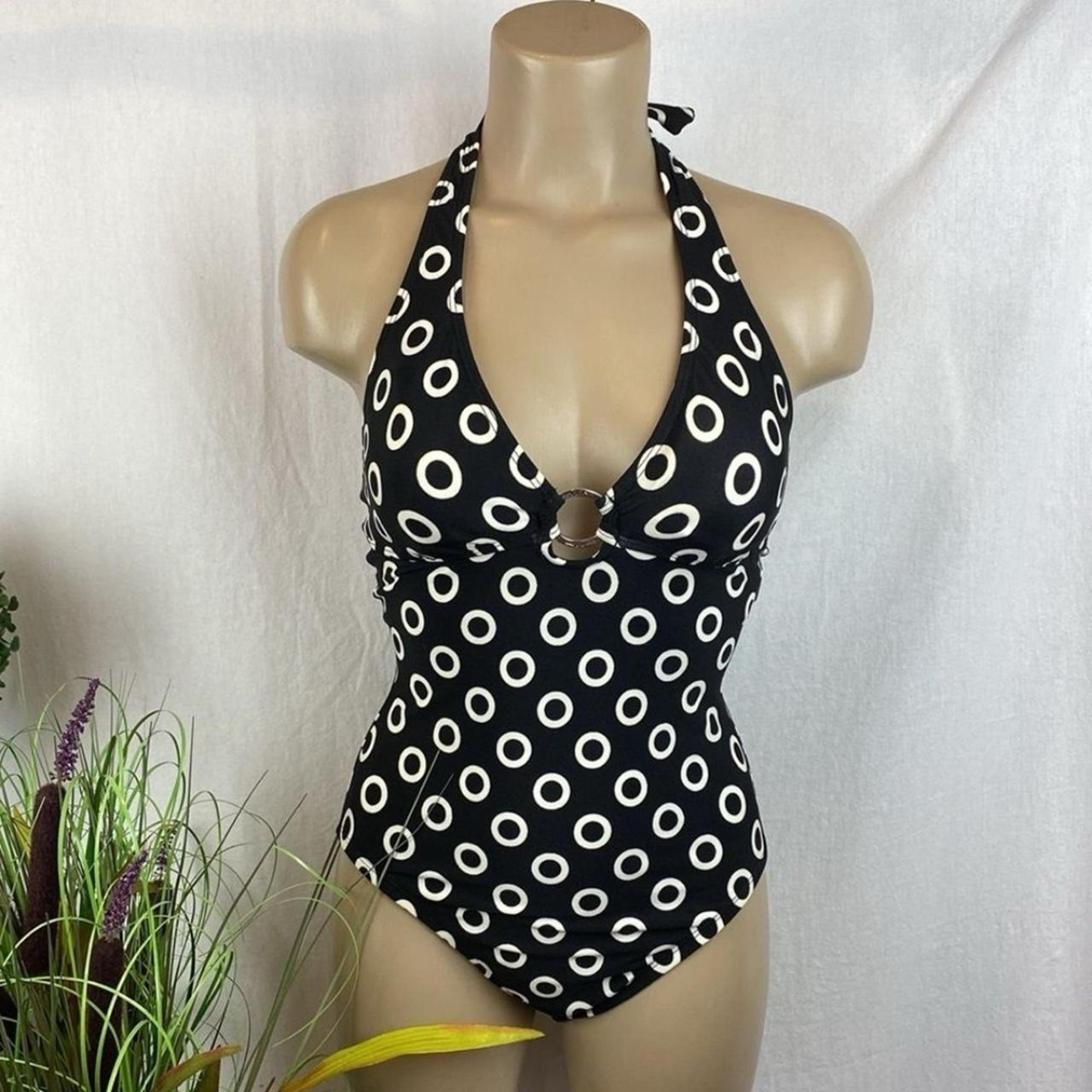 Speedo Women’s Size 12 Halter One-Piece Swimsuit Black White Retro Circle Prin