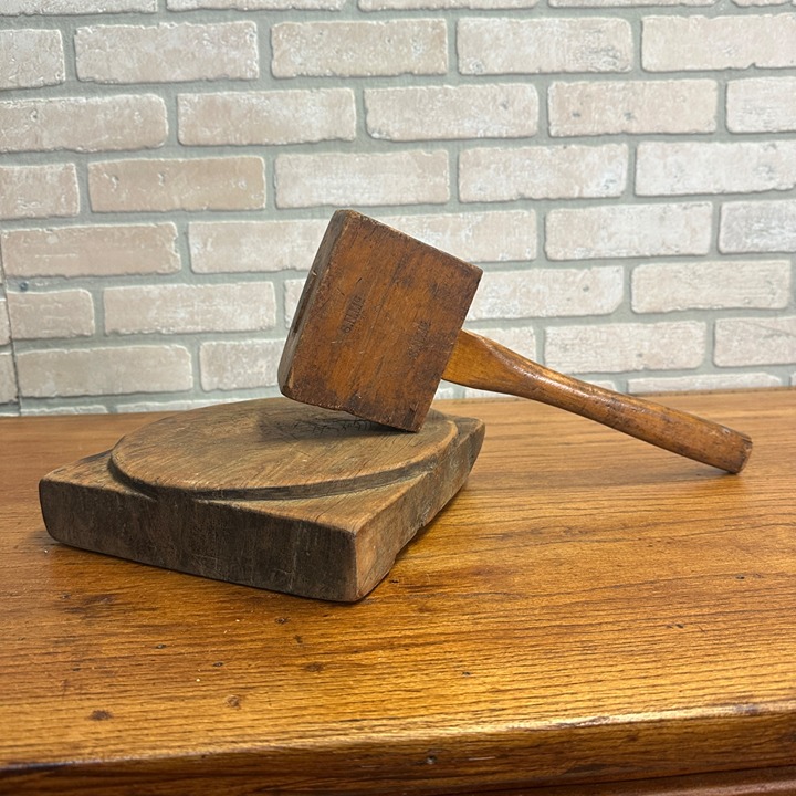 Antique Primitive 1800s Wooden Butcher Block Cutting Board w/ Wood Mallet OOAK