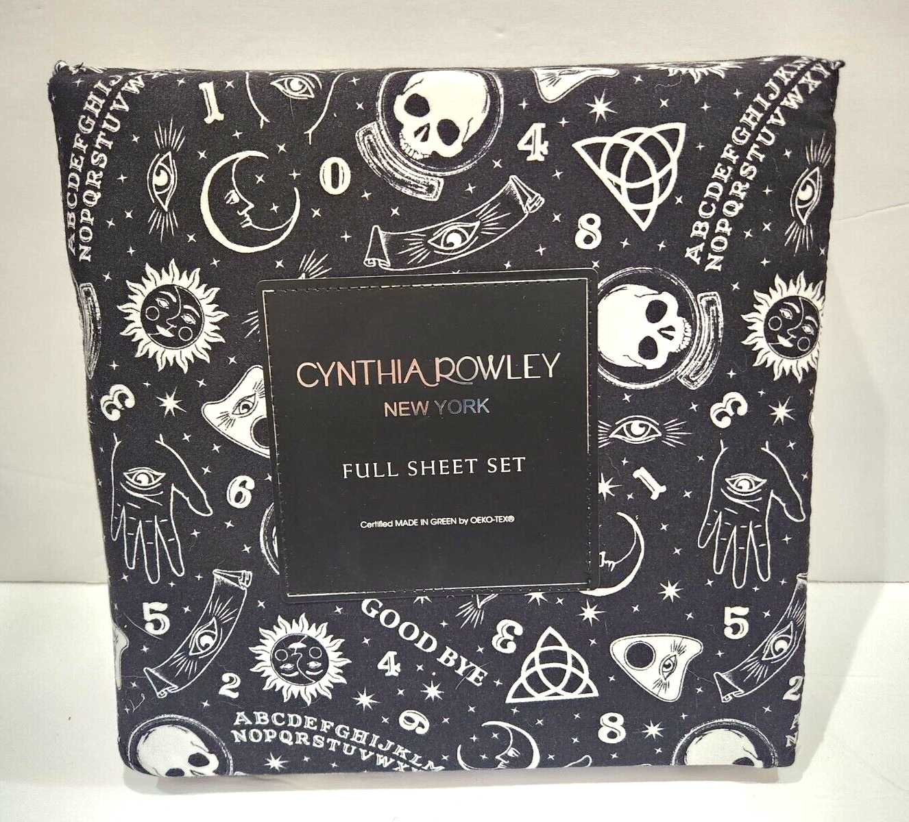 Cynthia Rowley Halloween Ouija Black FULL Sheet Set Sun Stars Moon Skull NEW