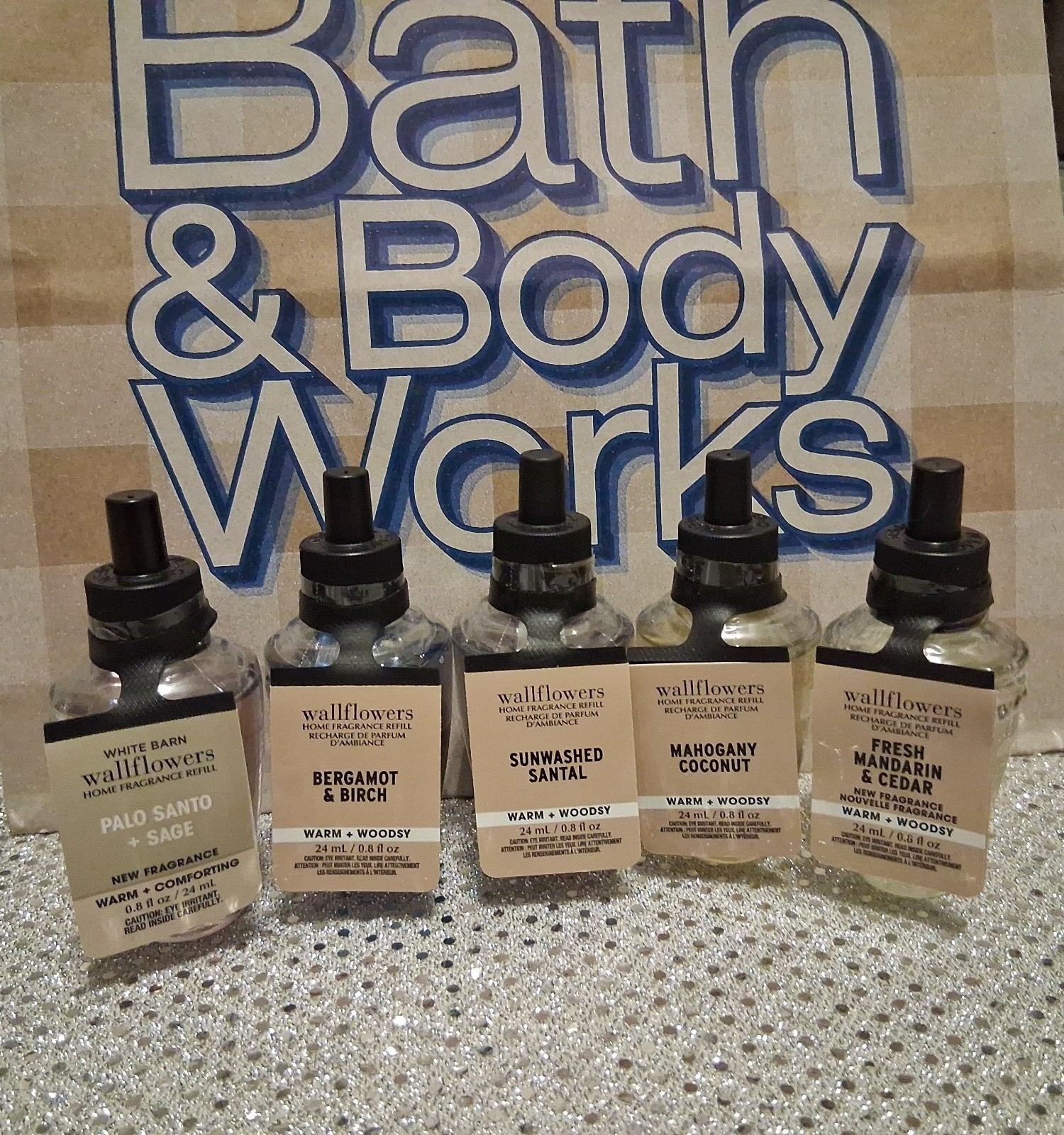 ×5 Bath & Body Works Wallflower Refills Woodsy Sunwashed Santal Palo Santo Sage