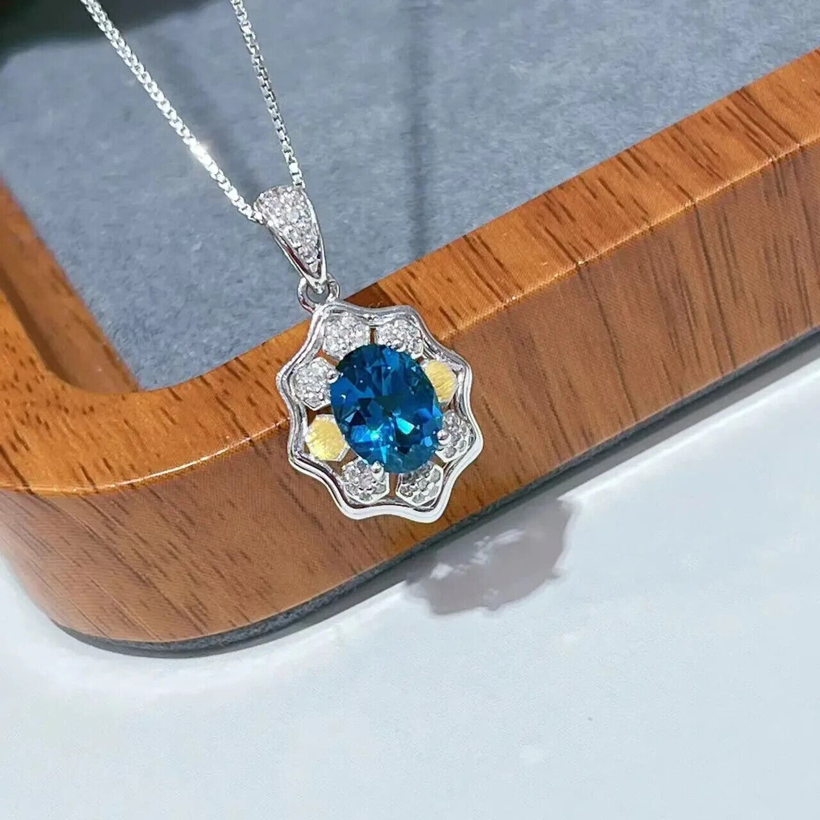 London Blue Topaz Pendant Necklace 6x9mm Pear Cut Platinum Plated Sterling