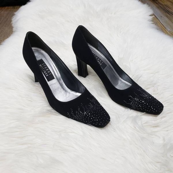 STUART WEITZMAN Black Matte Fabric Leather Sole Rhinestone Sparkle Pumps 8.5 B