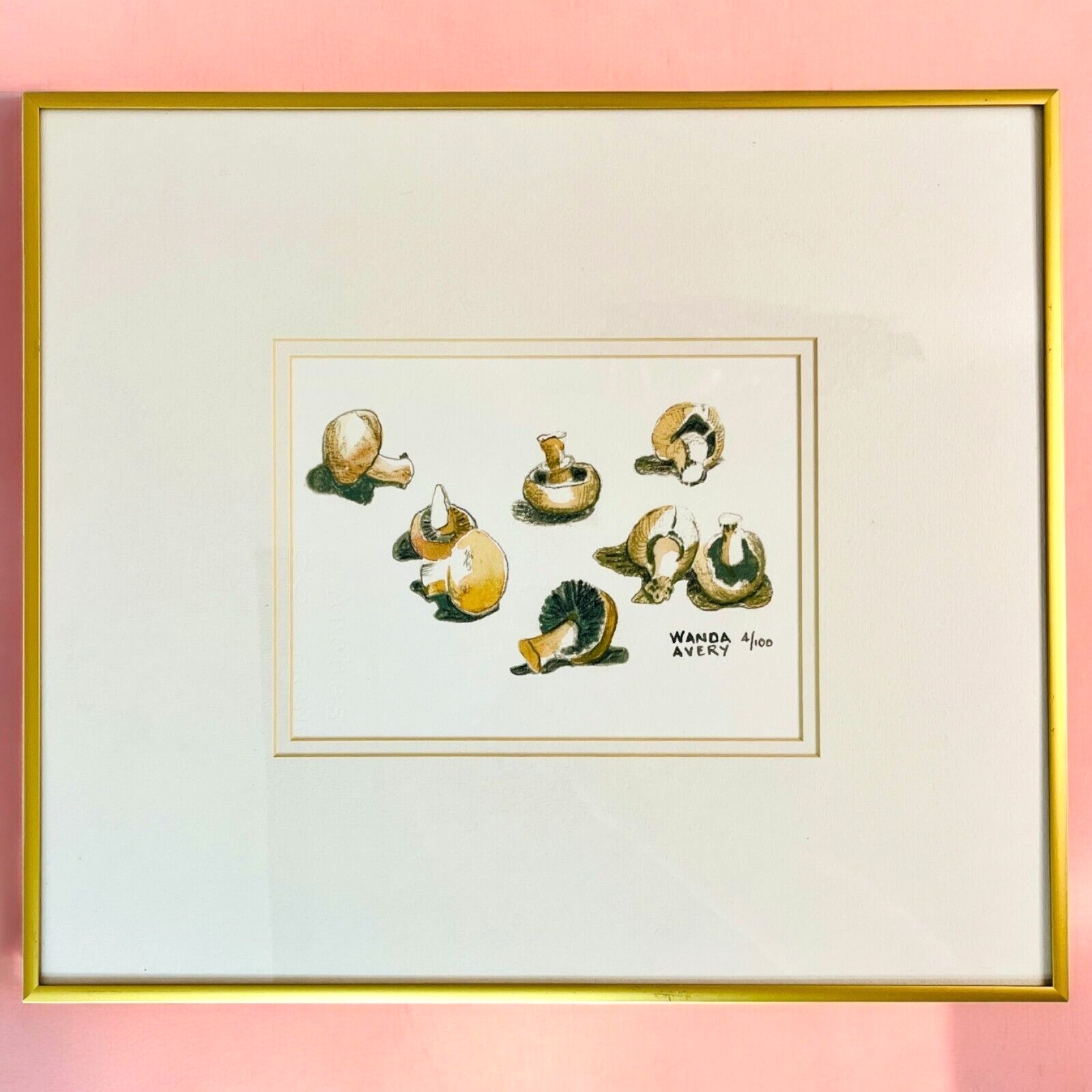 Framed Mushroom Art Watercolor Print Ltd Ed 4/100 Signed Wanda Avery 16x14 READ