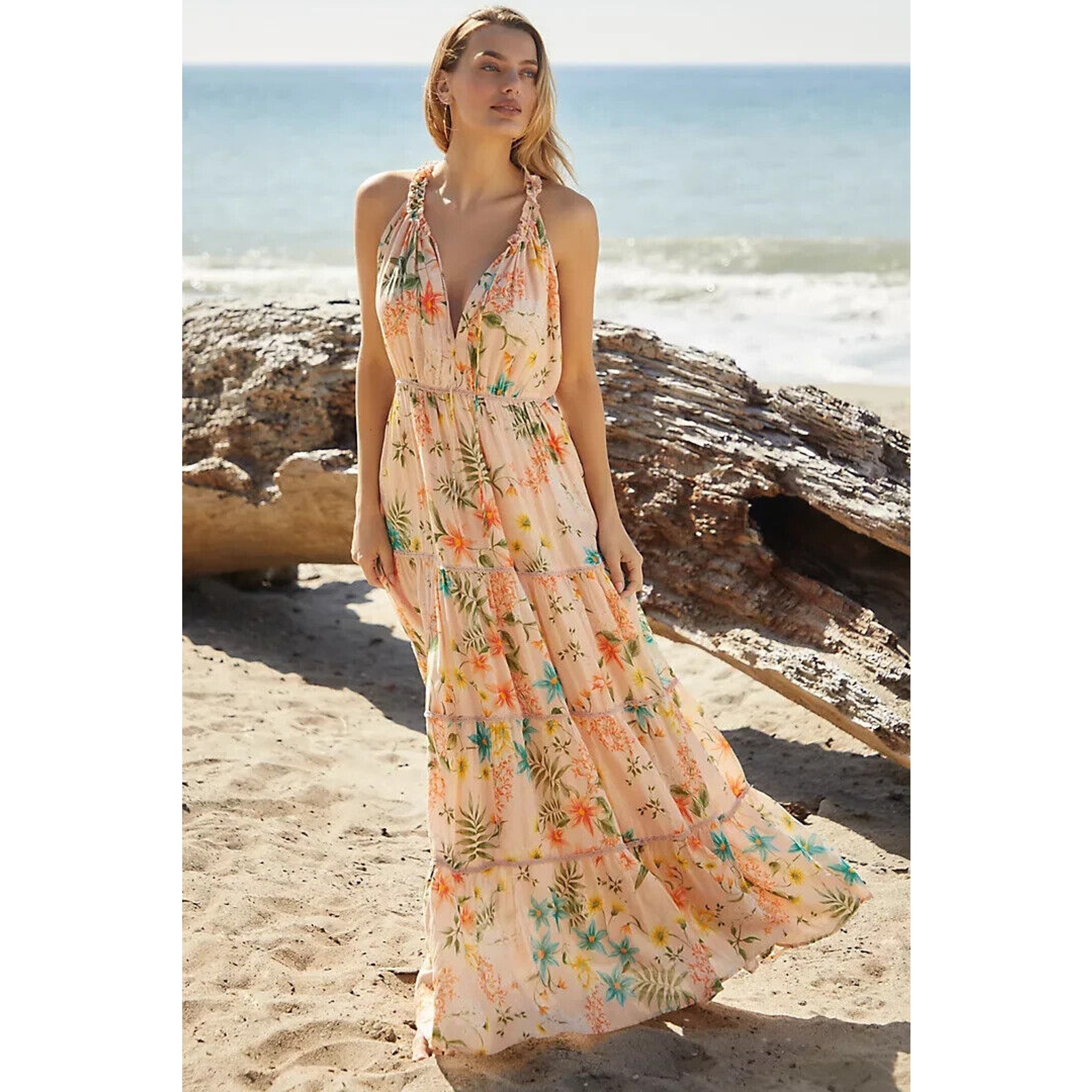 NWT PQ Swim Anthropologie Halter Maxi Dress Size M/L Peach #9G402