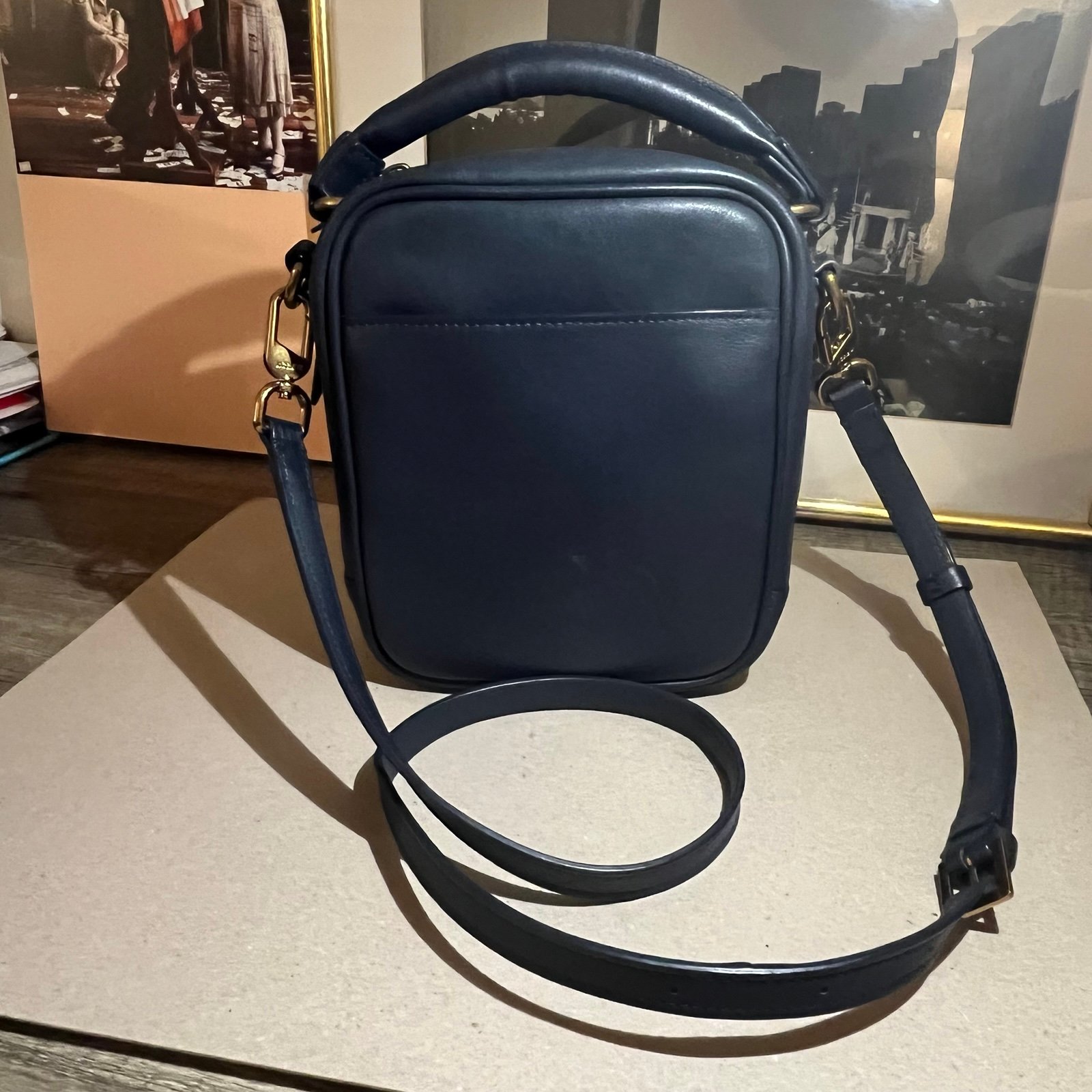 J.Crew Signet Leather Crossbody Bag – Navy Blue Box Bag with Top Handle