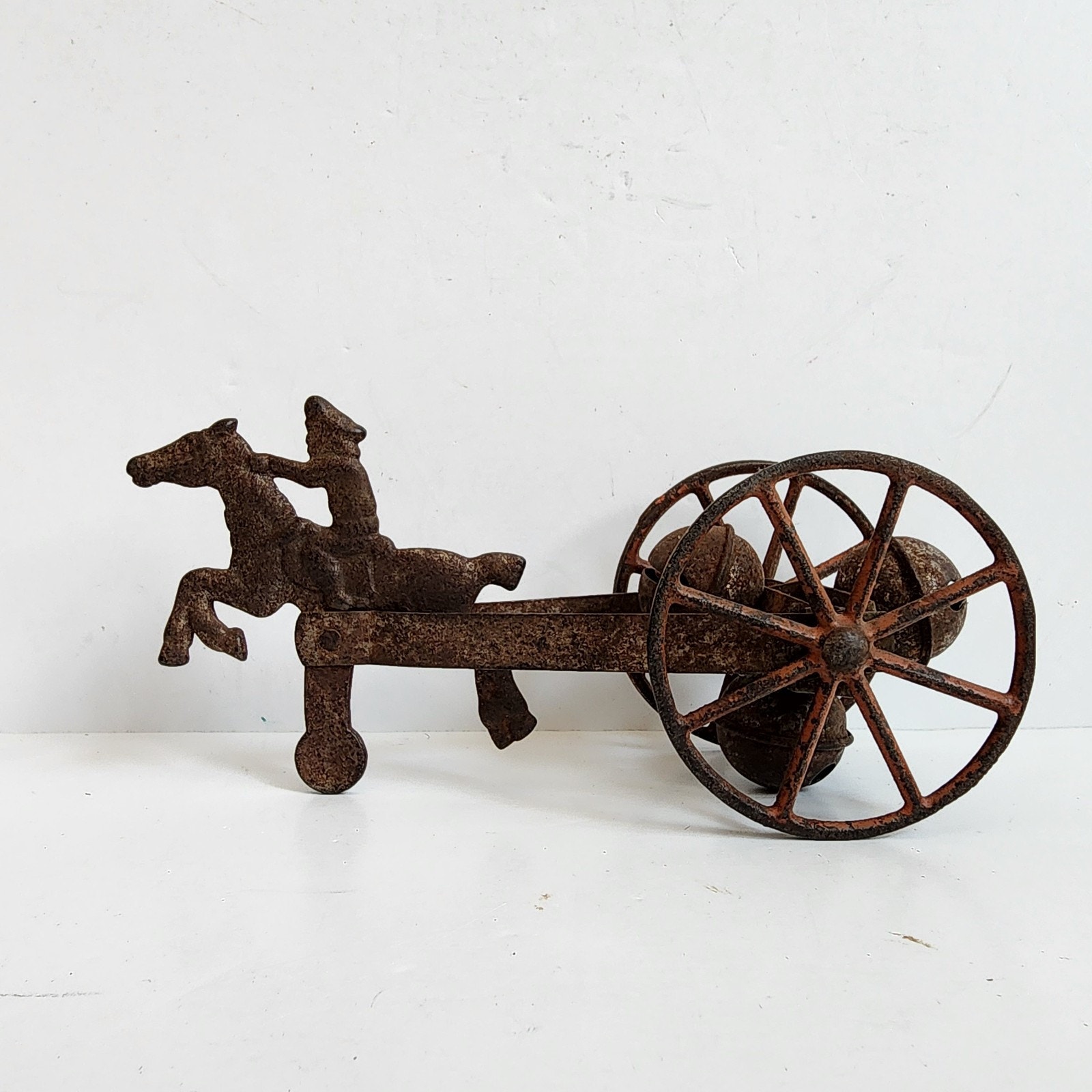 Antique Push Pull Toy Metal Horse & Rider Pulling a Buggy With 3 Sleigh Bells