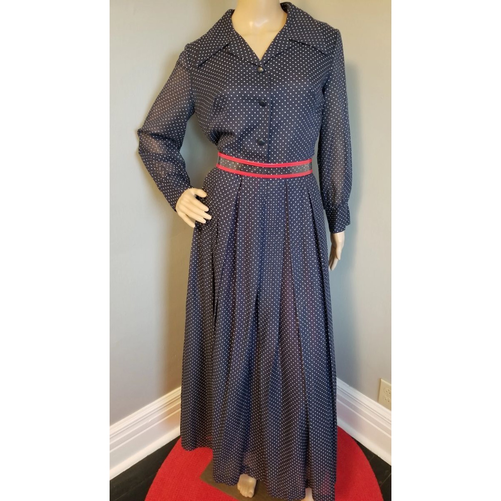 70s Vintage Navy and White Polka-Dot Maxi Dress - S/M