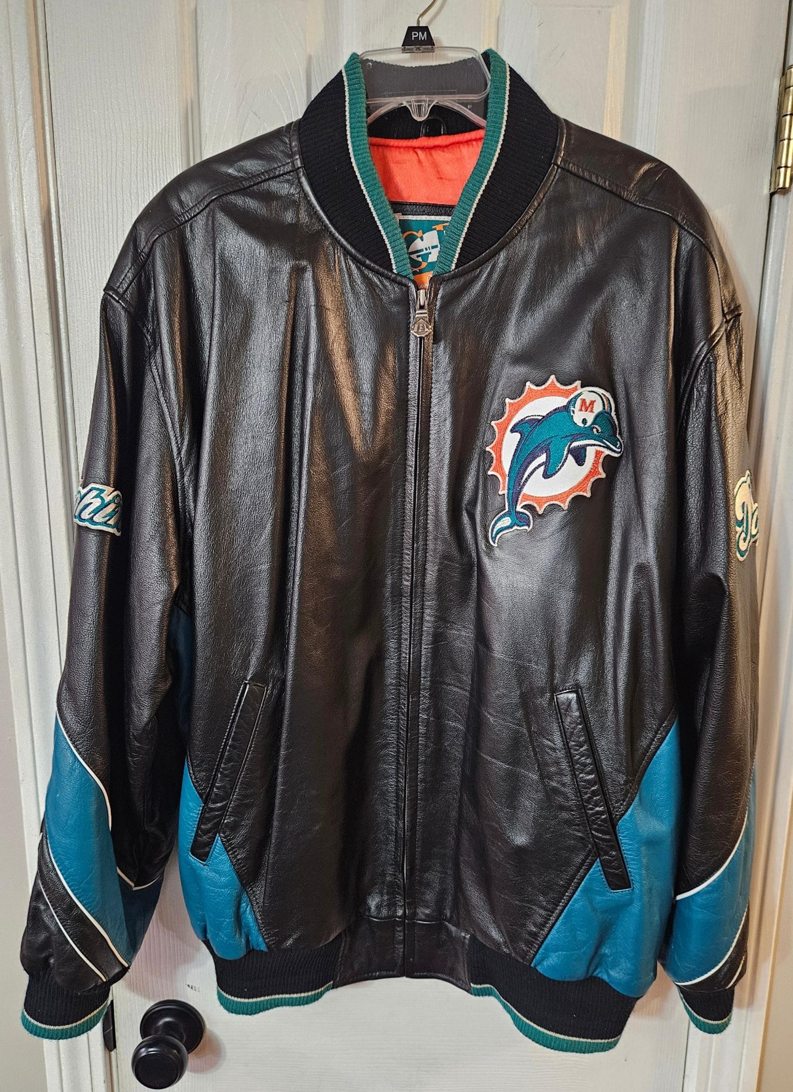 Vintage G-III and Carl Banks Miami Dolphins Leather Jacket Mens XL Black NFL