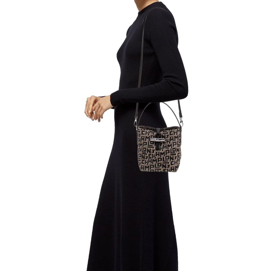 Longchamp Roseau Essential Monogram Bucket Bag Small Taupe Black Canvas Leather