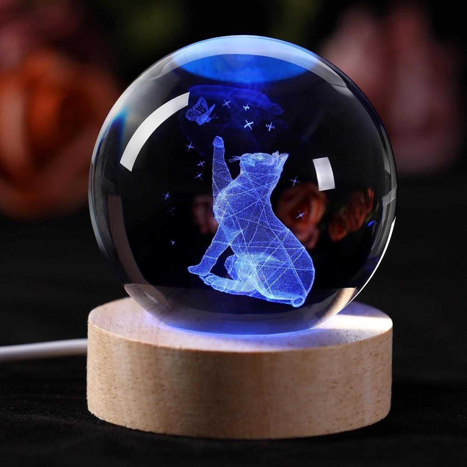 3D Cat Figurine in Crystal Ball Nightlight with 60mm Ball with 60mm Base