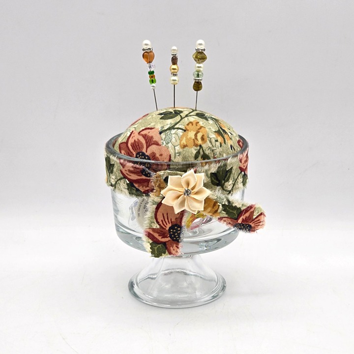 Vintage Pedestal Glass Pincushion Holder With Floral Fabric & Sewing Supplies