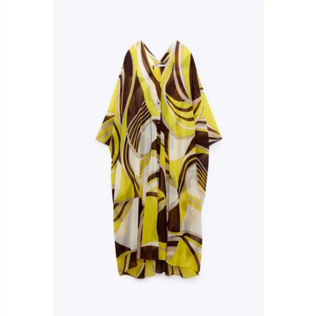 Zara Boho Printed Button Down Lightweight Midi Kaftan Tunic Swim Cover-Up (NWT)