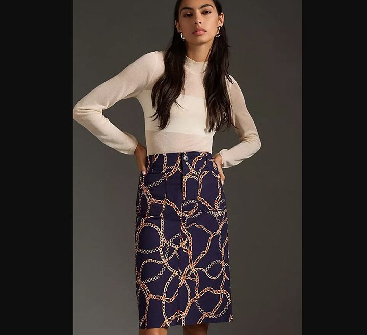 New women's L Maeve x Anthropologie The Colette skirt in navy gold chain motif