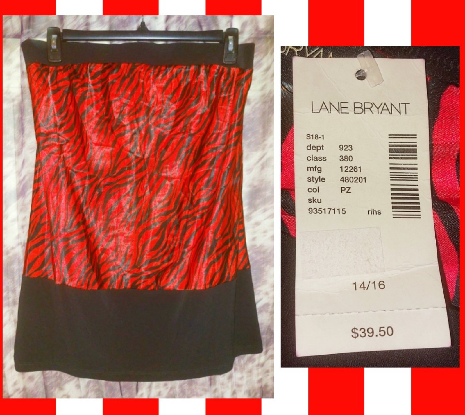 Lane Bryant brand Red & Blk Tiger Print Satin & Knit Strapless Tube Top Sz 14/16