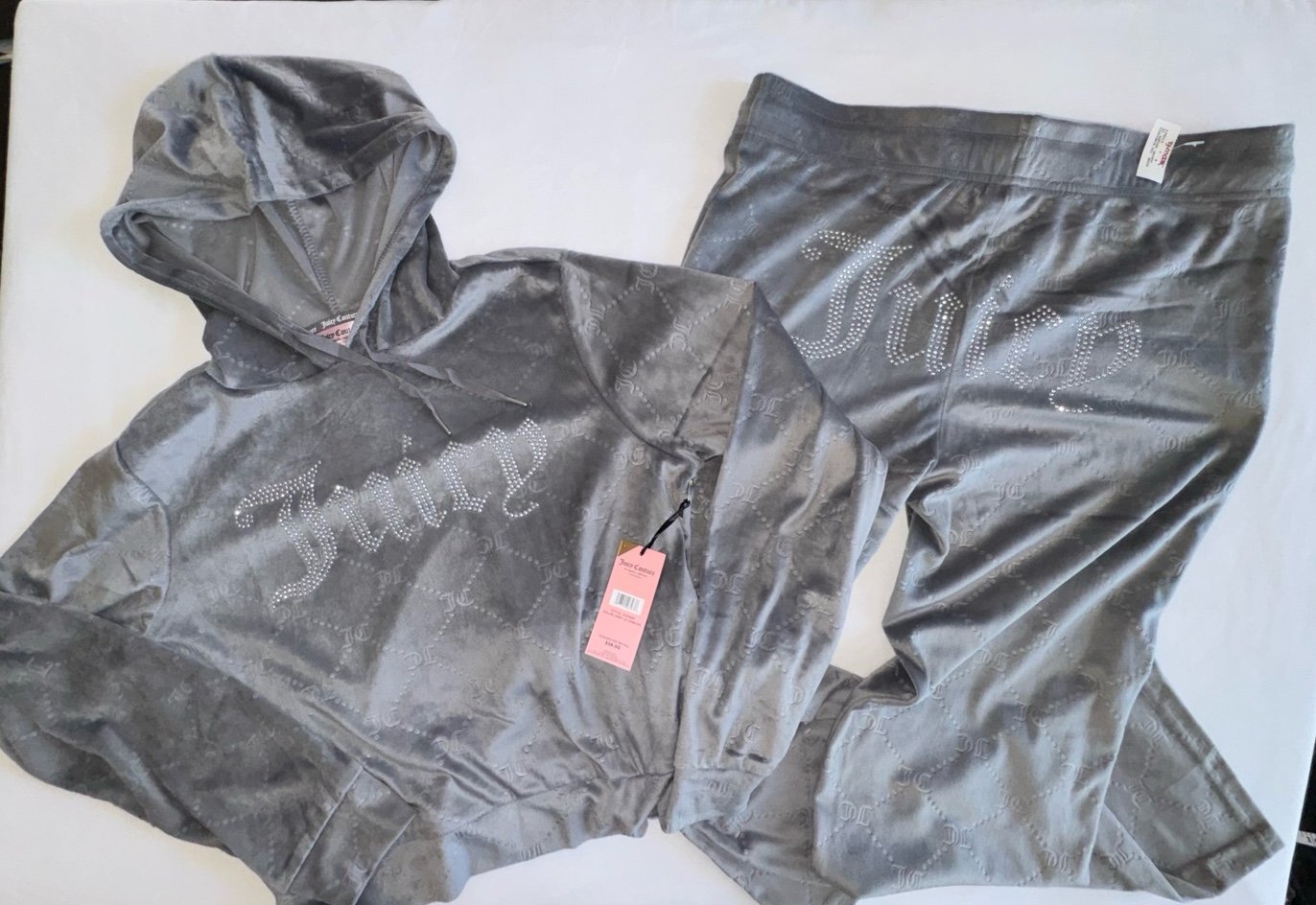 Juicy Couture 2pc JC Grey Emboss Sleepwear Sweater and Pants Set