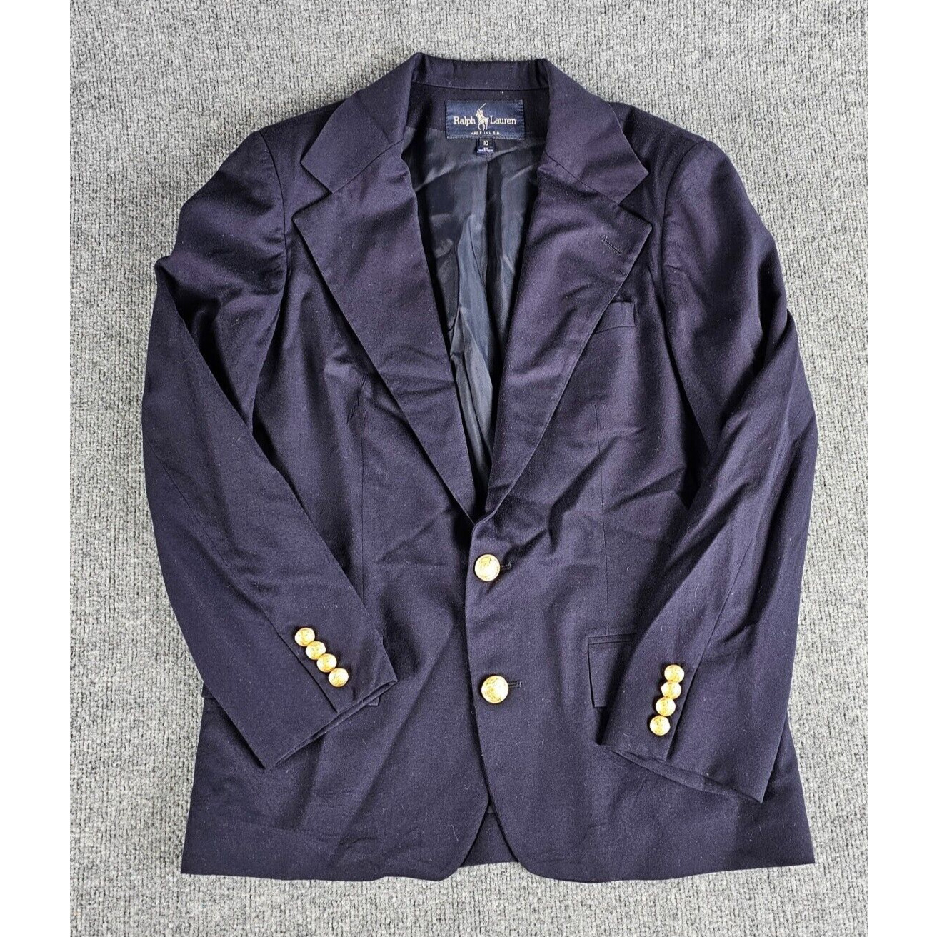 Ralph Lauren Vintage Blue Label Gold Button Blazer 100% Wool USA Shoulder Pads