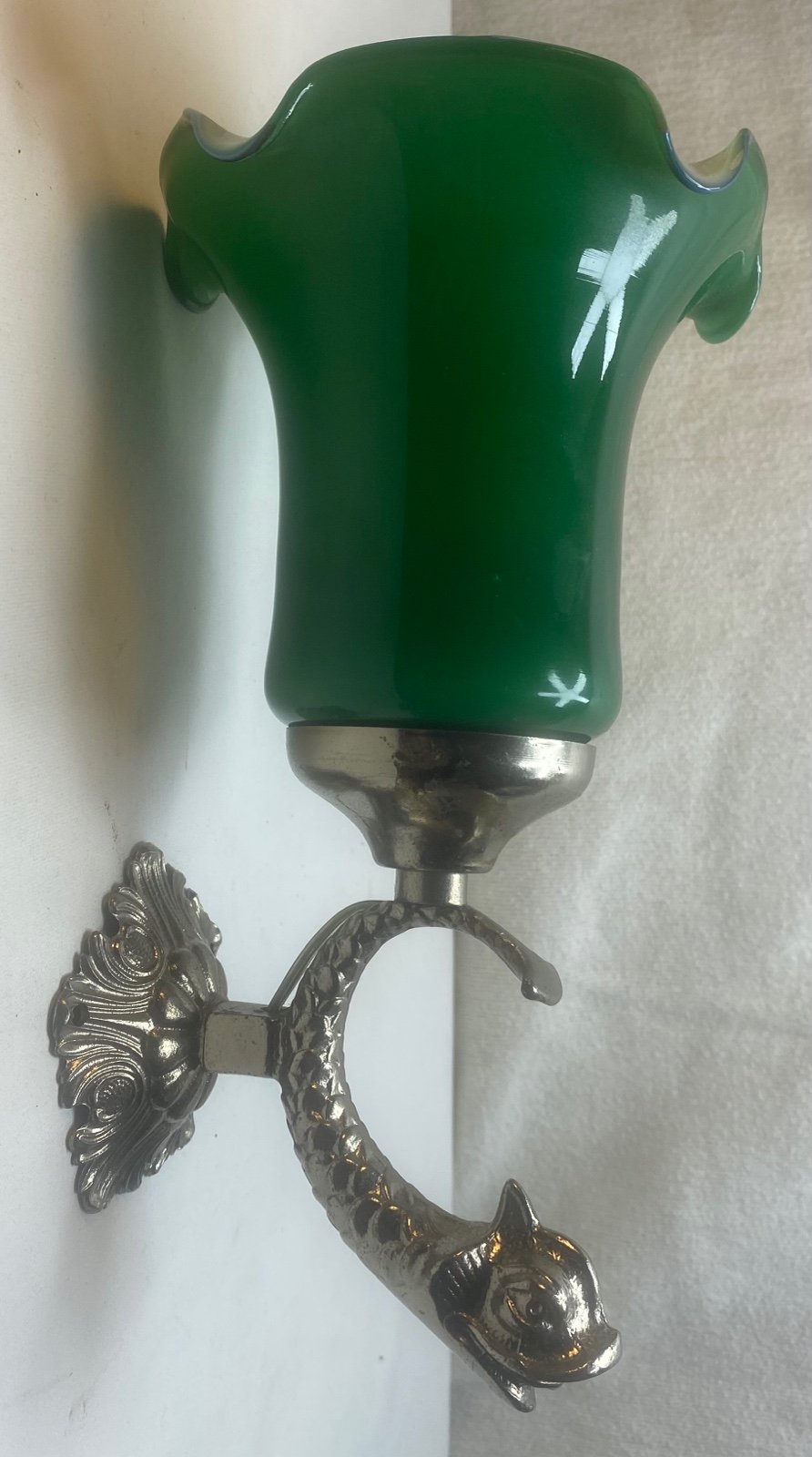 Vintage Silver Metal Dolphin Koi Serpent Wall Fixture Emerald Green Shade Sconce