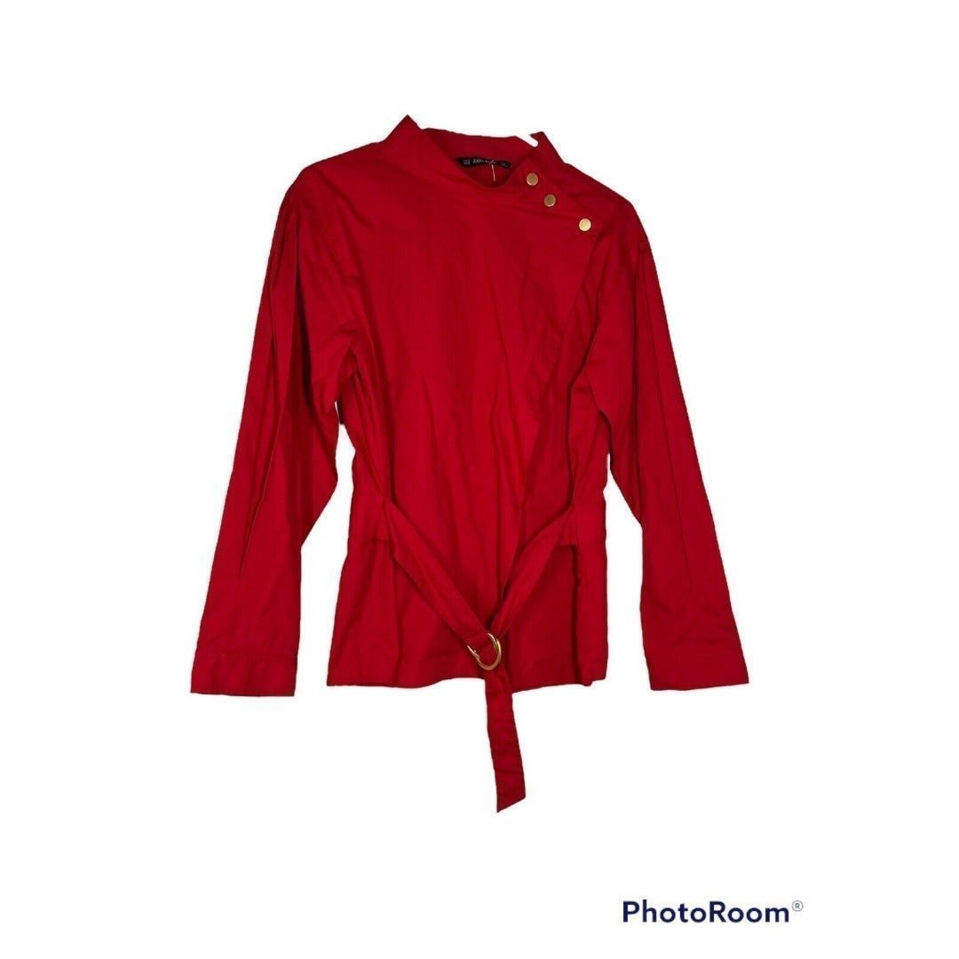 NWT Zara Red Belted Blouse with Buttons Women Medium