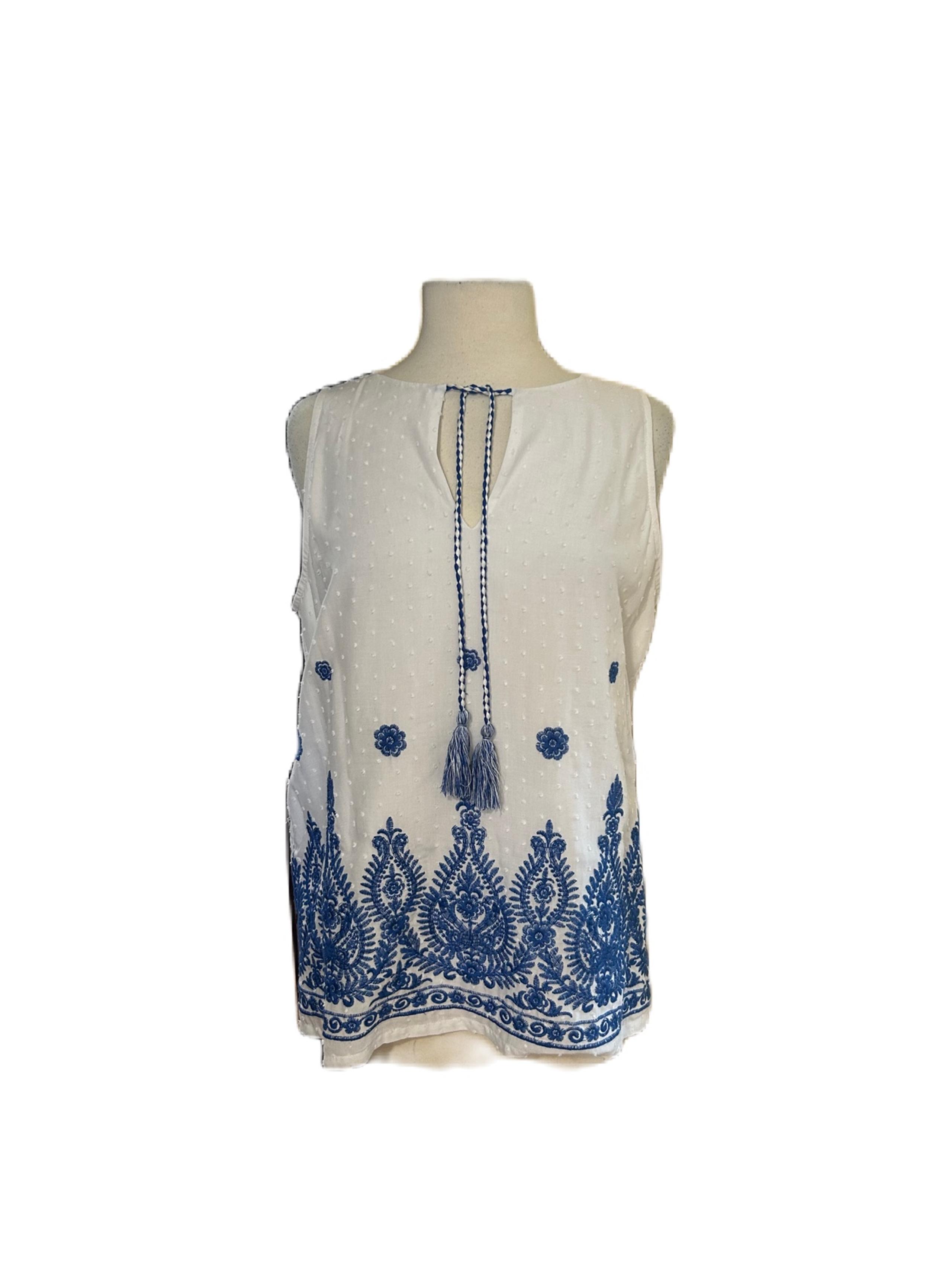 Karen Kane Embroidered Boho Peasant Blouse Women’s Medium Tassels Swiss Dot