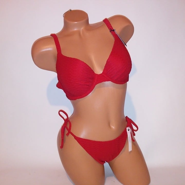 36C/M Victoria Secret Swim Bikini Top Bottom Cheeky Red Push Up Textu
