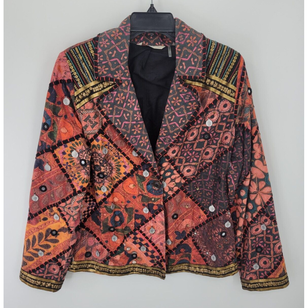 Soft Surroundings Berber Jacket Womens Medium Patchwork Embellished Coins Bead S