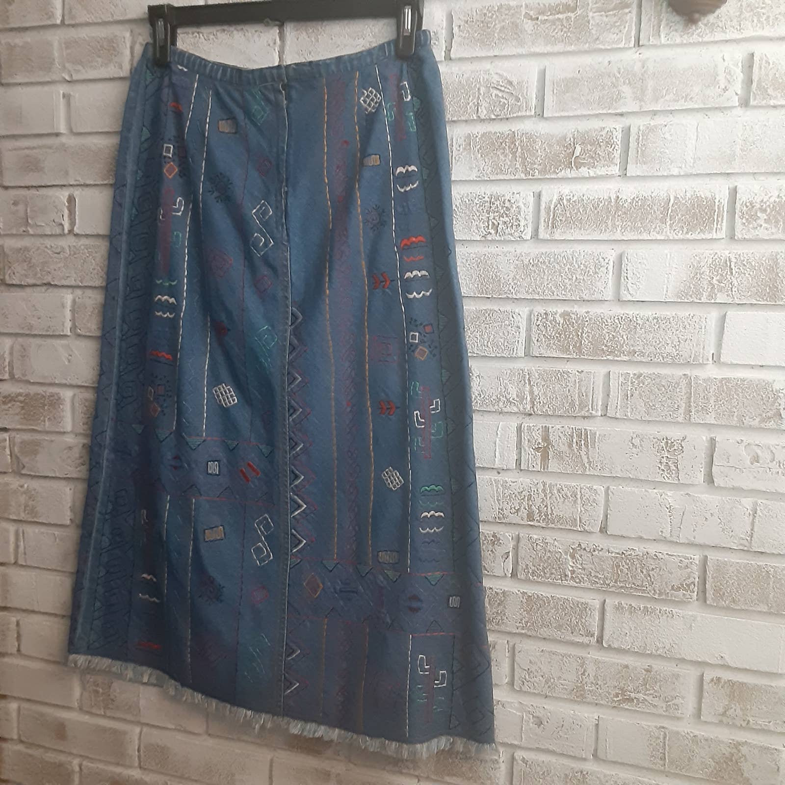 Vintage Chico's Design Embroidered fringed Jean Skirt Maxi sz 1[8}
