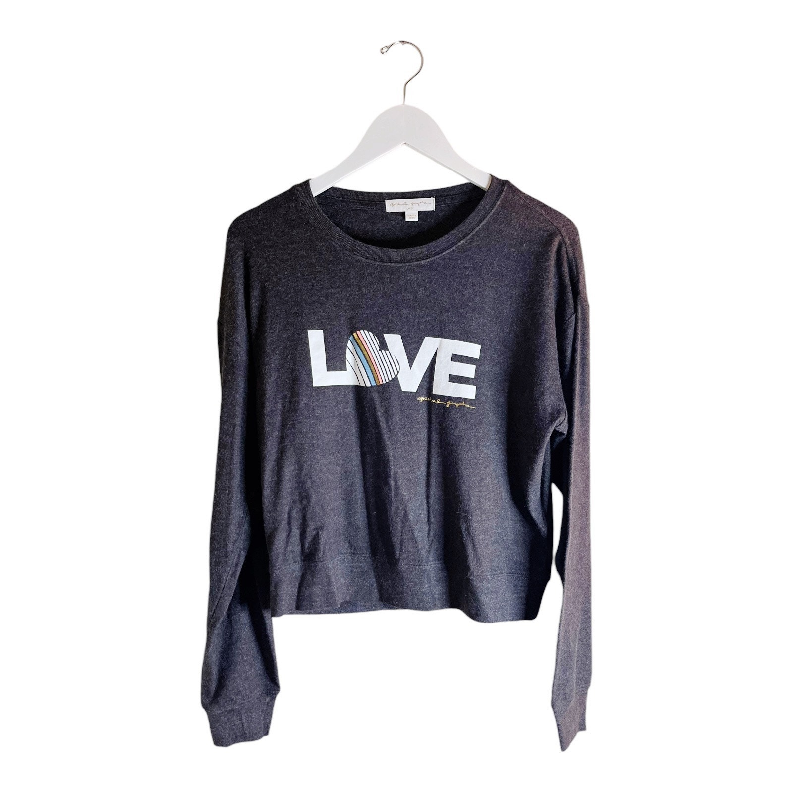 SPIRITUAL GANGSTER Savasana Pullover LOVE Sweatshirt Crew Neck Large Gray EUC