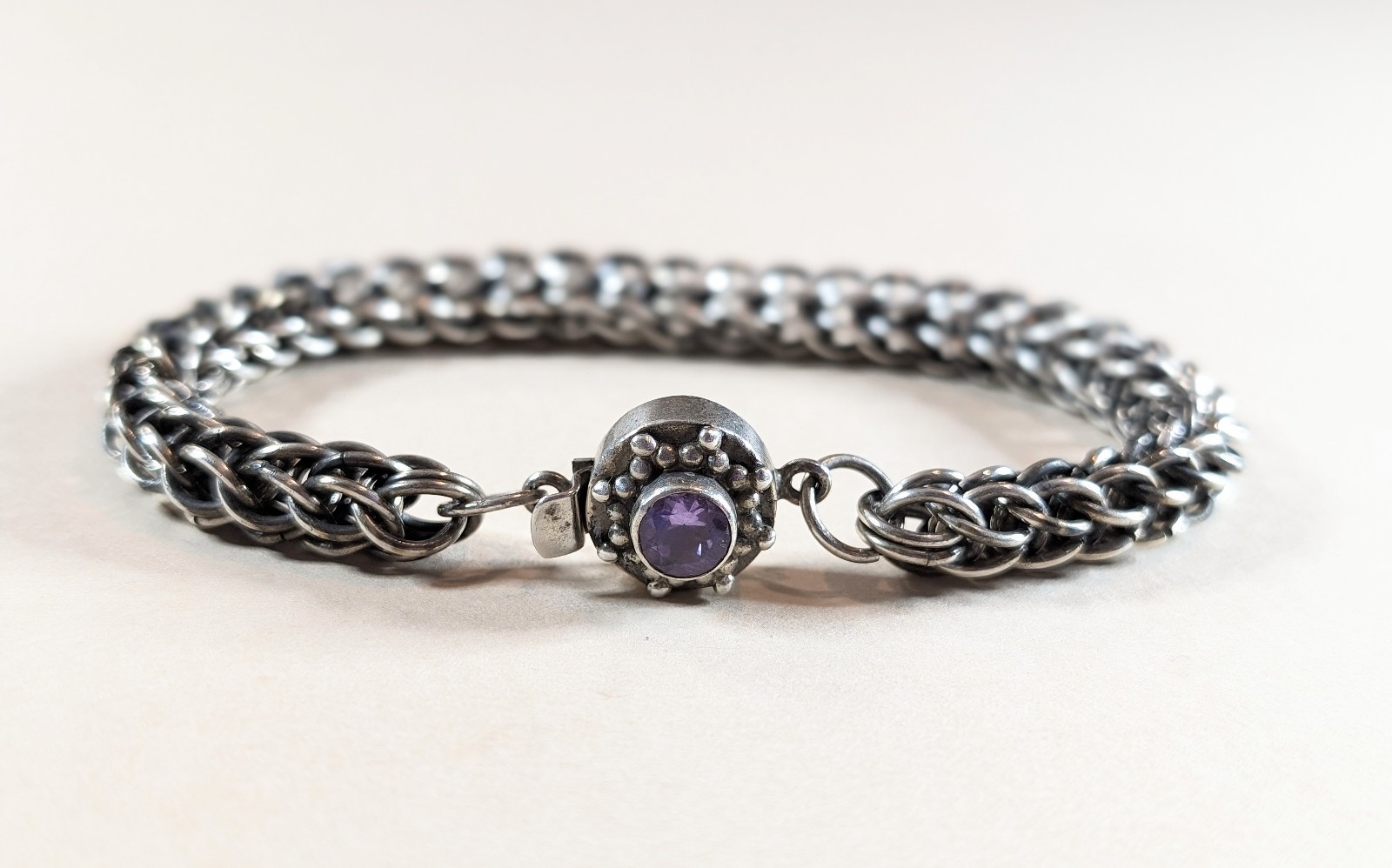Vintage Handmade Chainmaille or Chainmail Sterling Silver Amethyst Box Clasp Bra