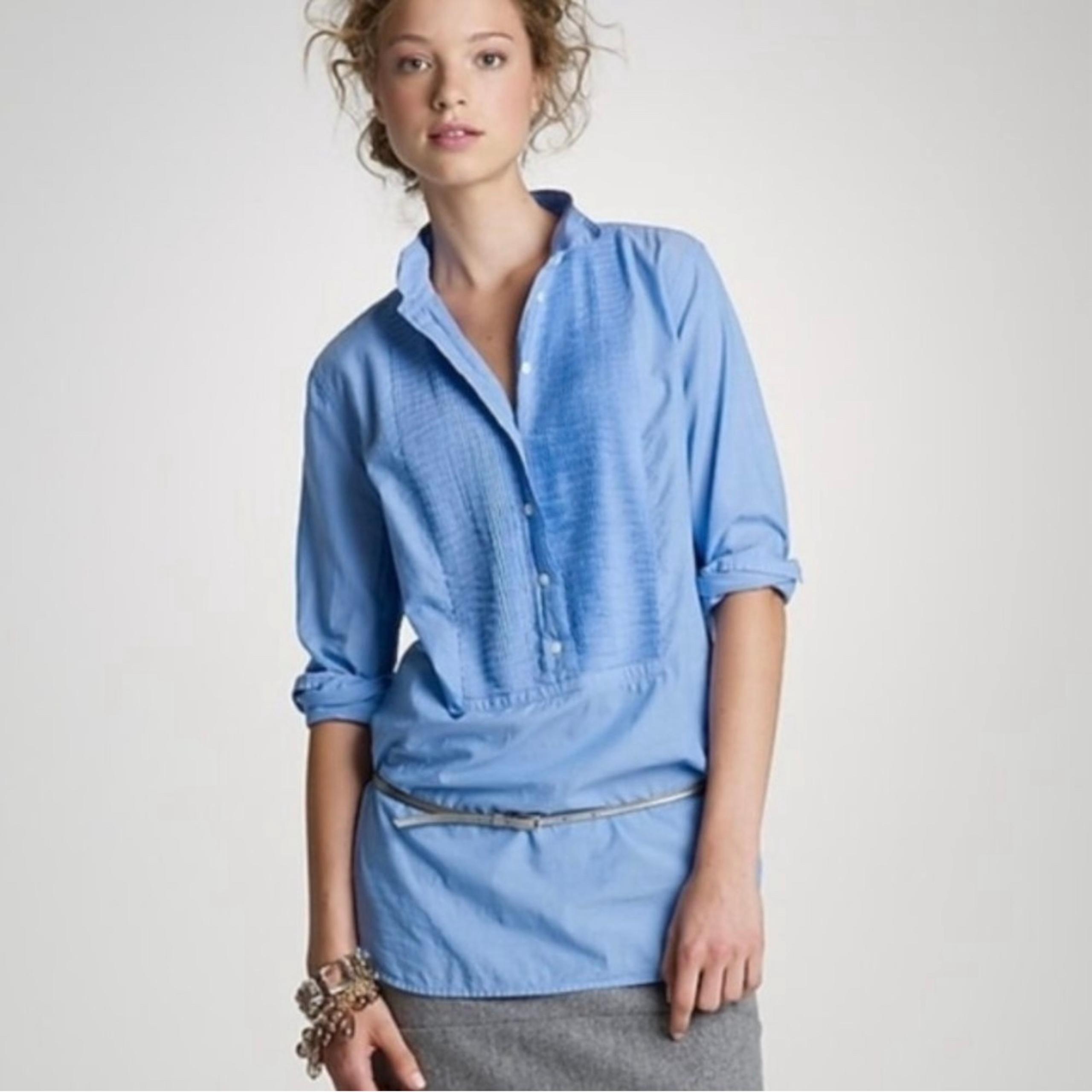 Tuxedo Beach Tunic Blouse Shirt Pintuck Blue Small Collared Longline - J.Crew