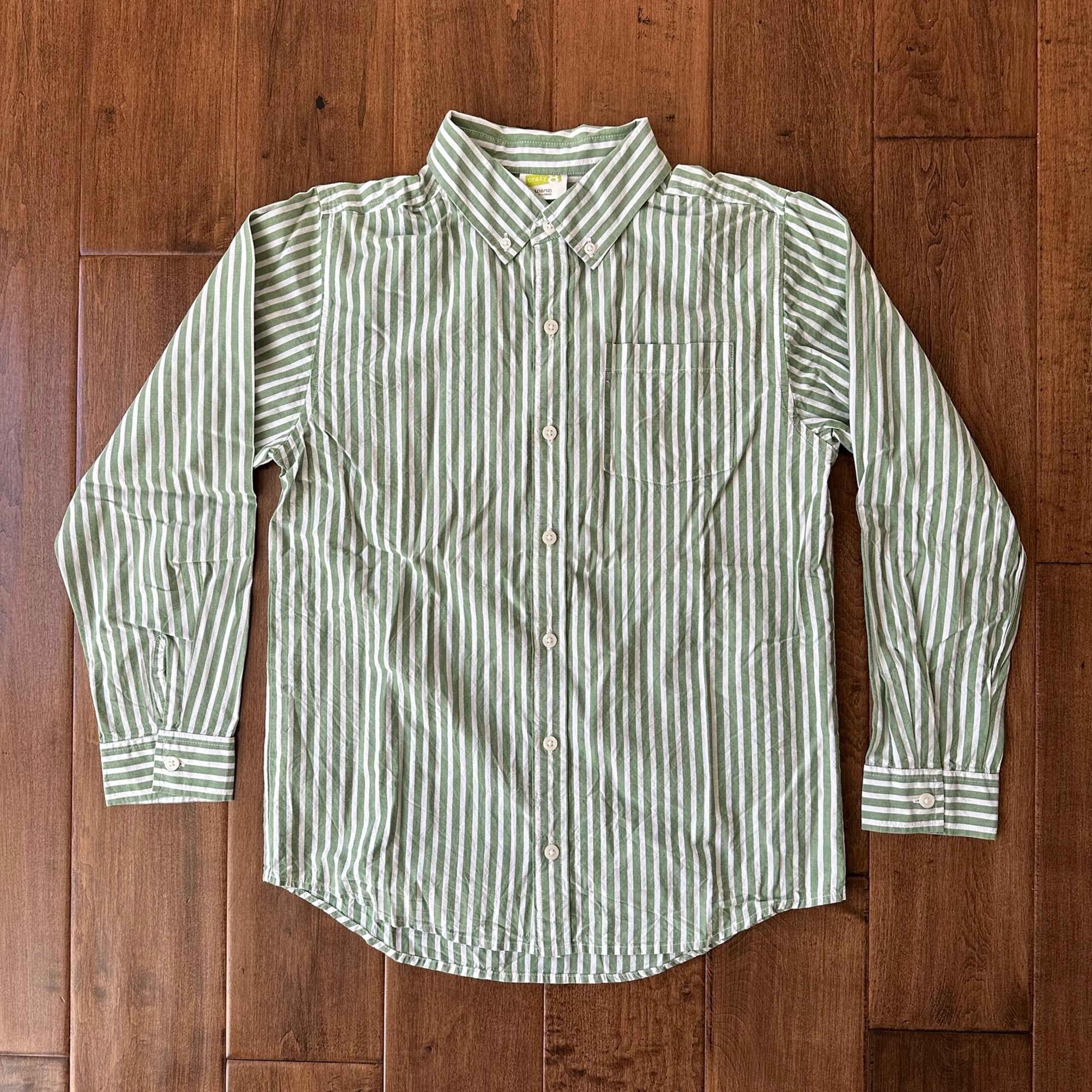 Boys Green Striped Button-Up Shirt