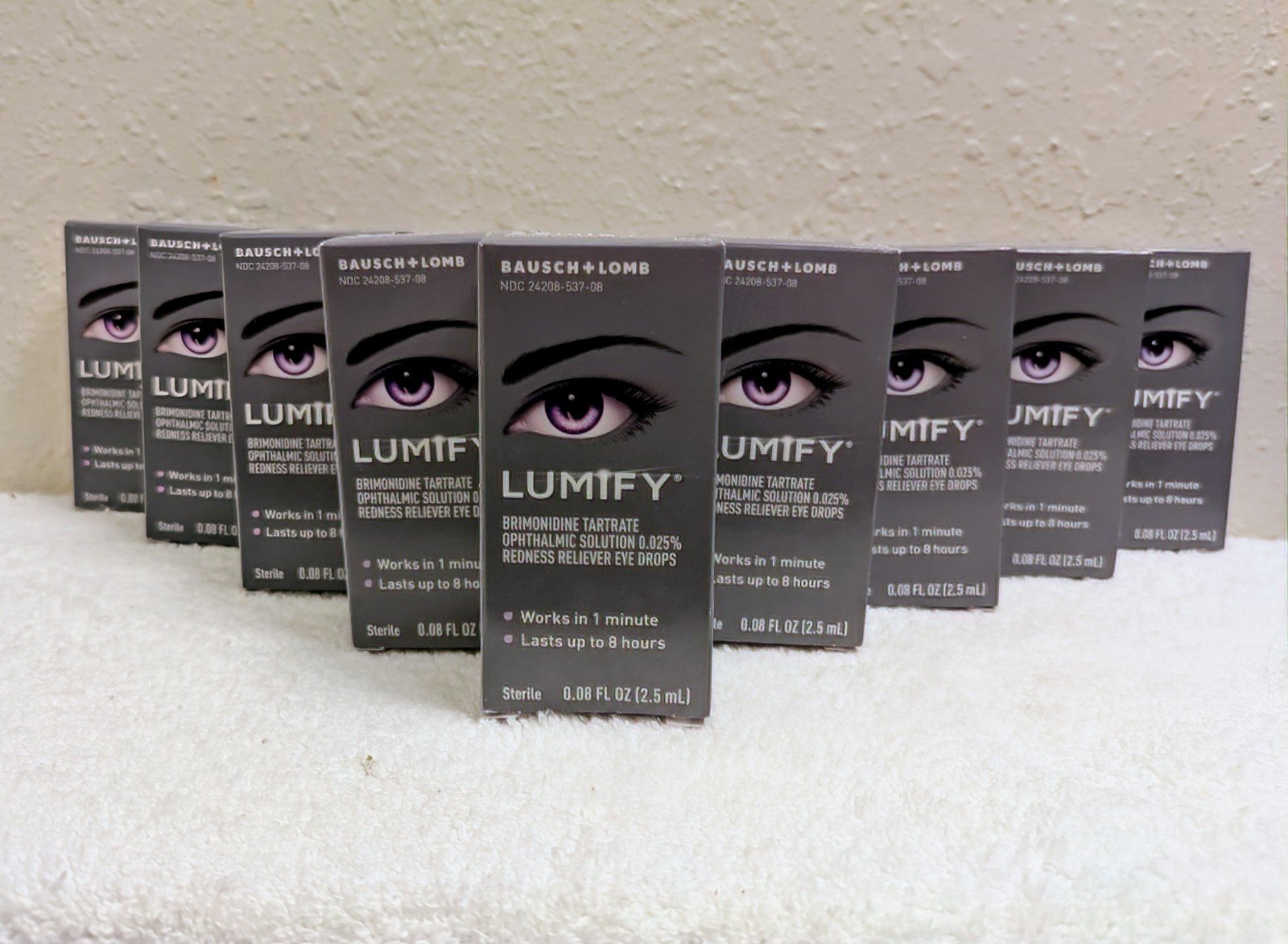 Bausch and Lomb Lumify redness reliever eye drops. 9 bottles in total