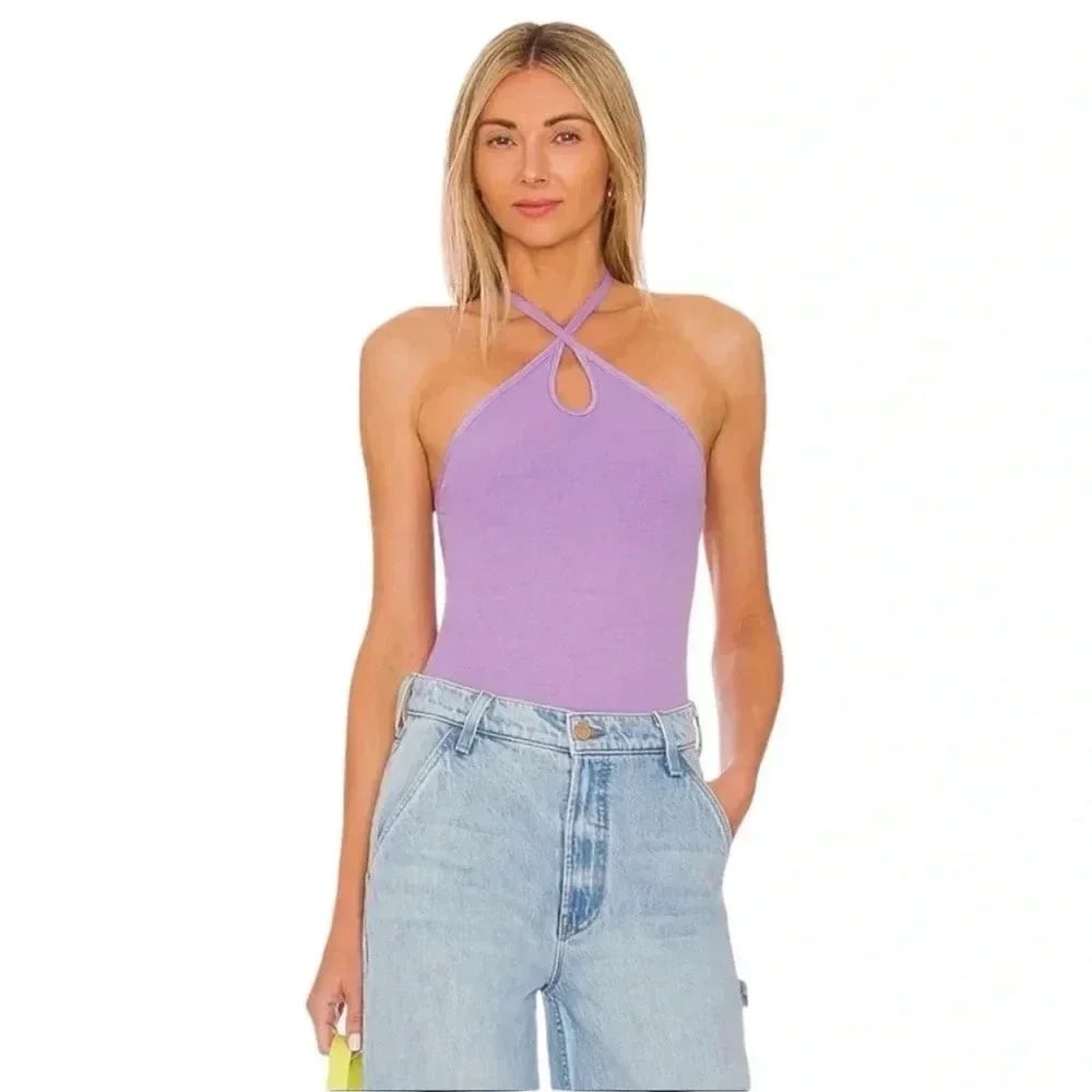 ENZA COSTA BODYSUIT WOMENS XS KEYHOLE HALTER IN DARK LAVENDER SILK BLEND