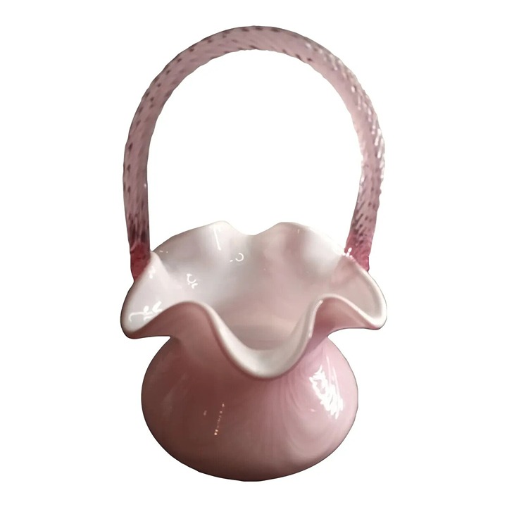 Fenton Art Glass Pink Overlay ” Basket Twist Handle Ruffled Edge Drape