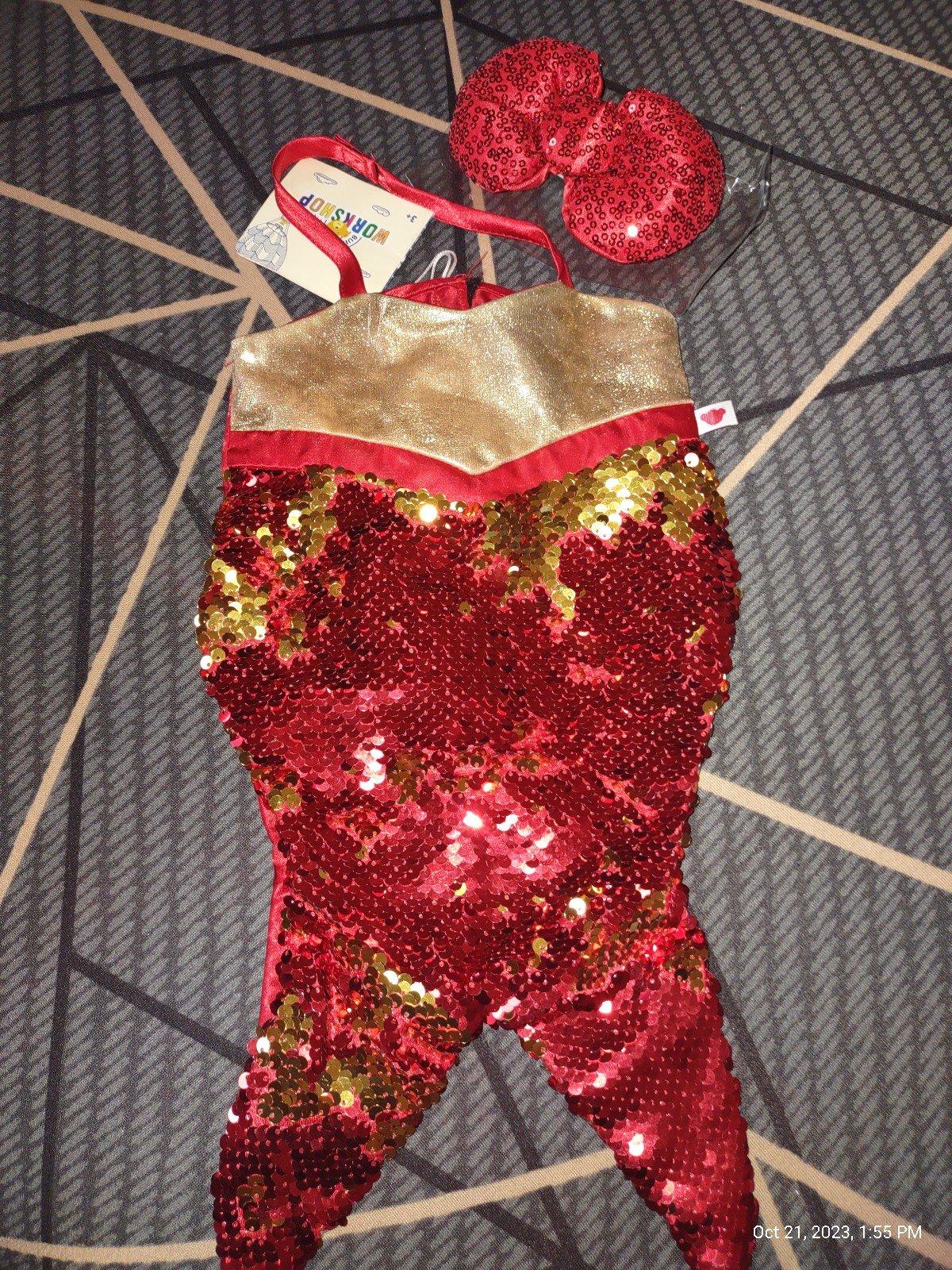Build a bear Red/ Gold mermaid costume w/ matching red sequins replacement Bow.