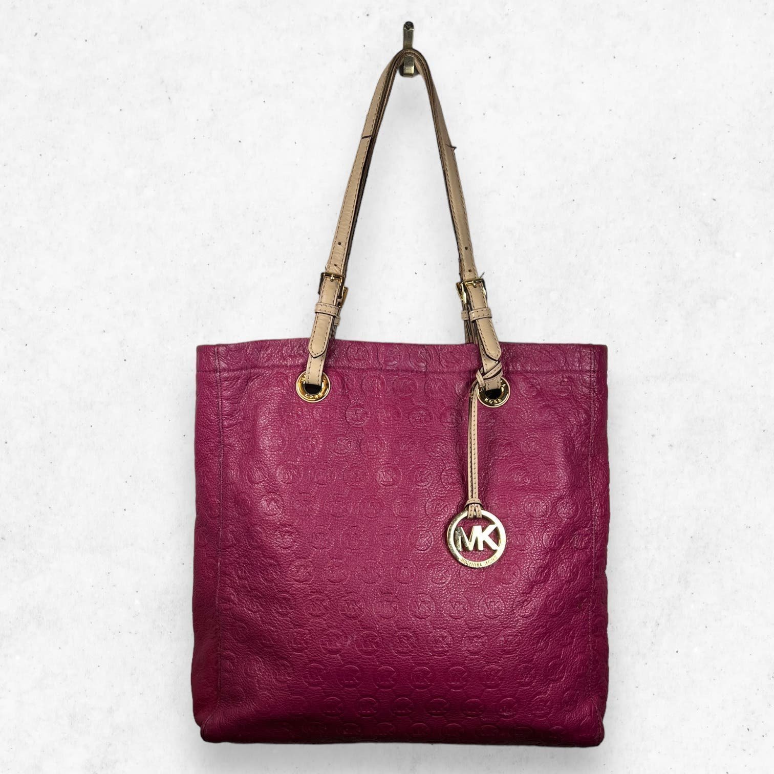 Michael Kors Magenta Soft Leather Tote Handbag Monogrammed Texture Magnetic