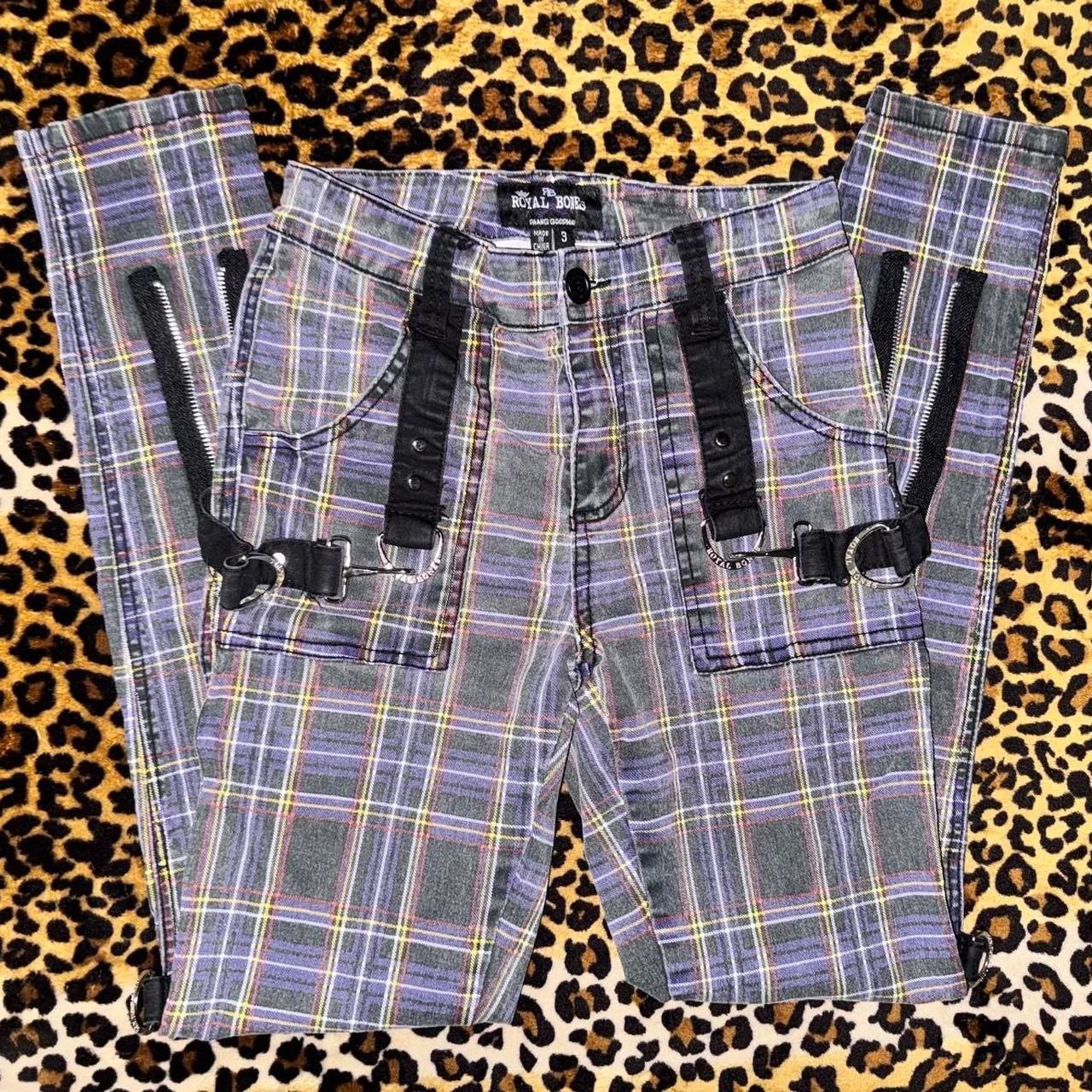 Royal Bones Purple Plaid Skinny Jeans Black Strap Pants Grunge Goth Emo Y2K Sz3