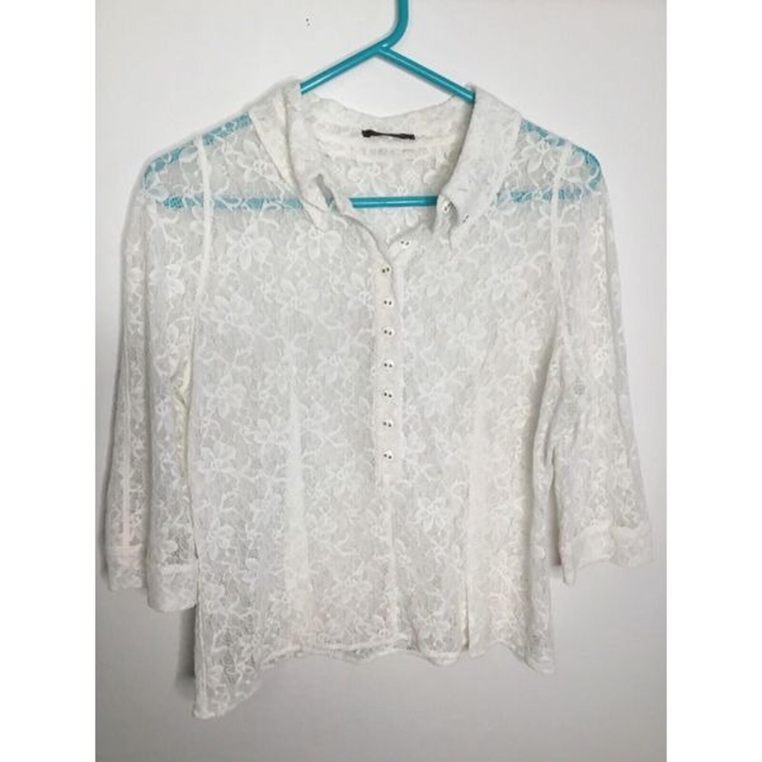 Vintage Top Nina Ricci Medium White Off Lace Crop 2/3 Button Front Sheer Blouse