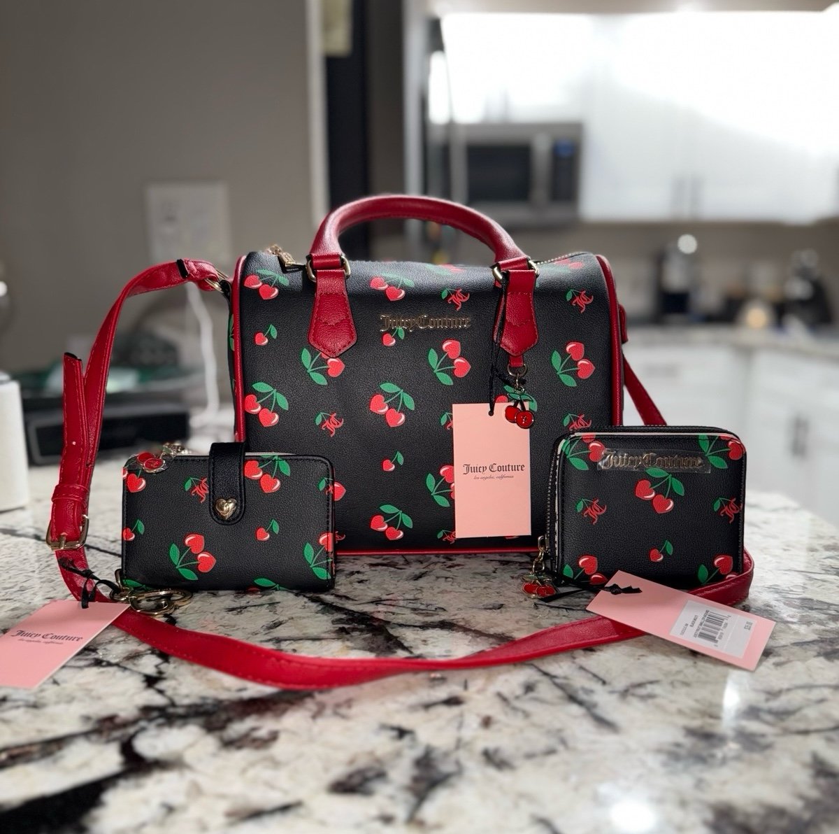 Juicy Couture Cherry Satchel Complete Set With Two Matching Wallets