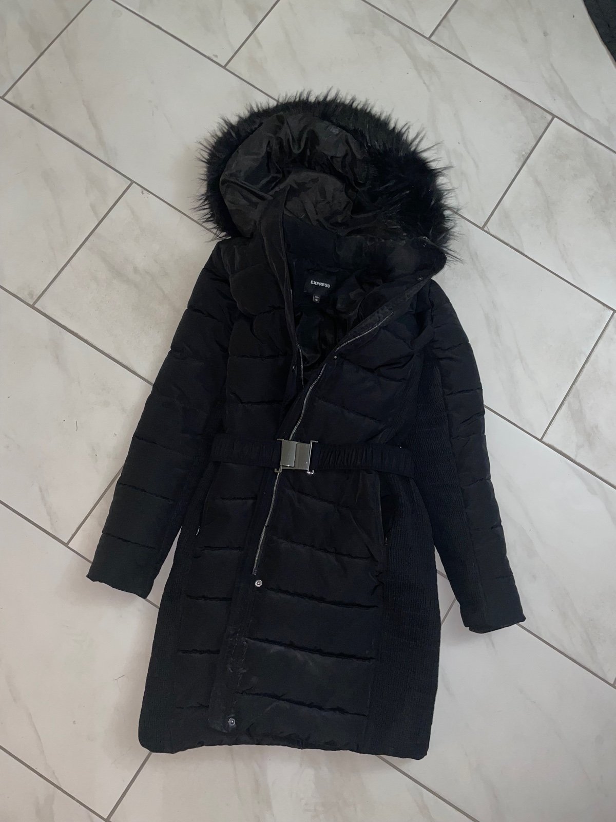 Express belted puffer coat womens
