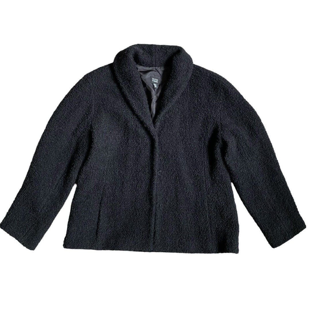 Eileen Fisher Teddy Fuzzy Jacket Coat XL Black Collared Wool Airy Boucle Lined