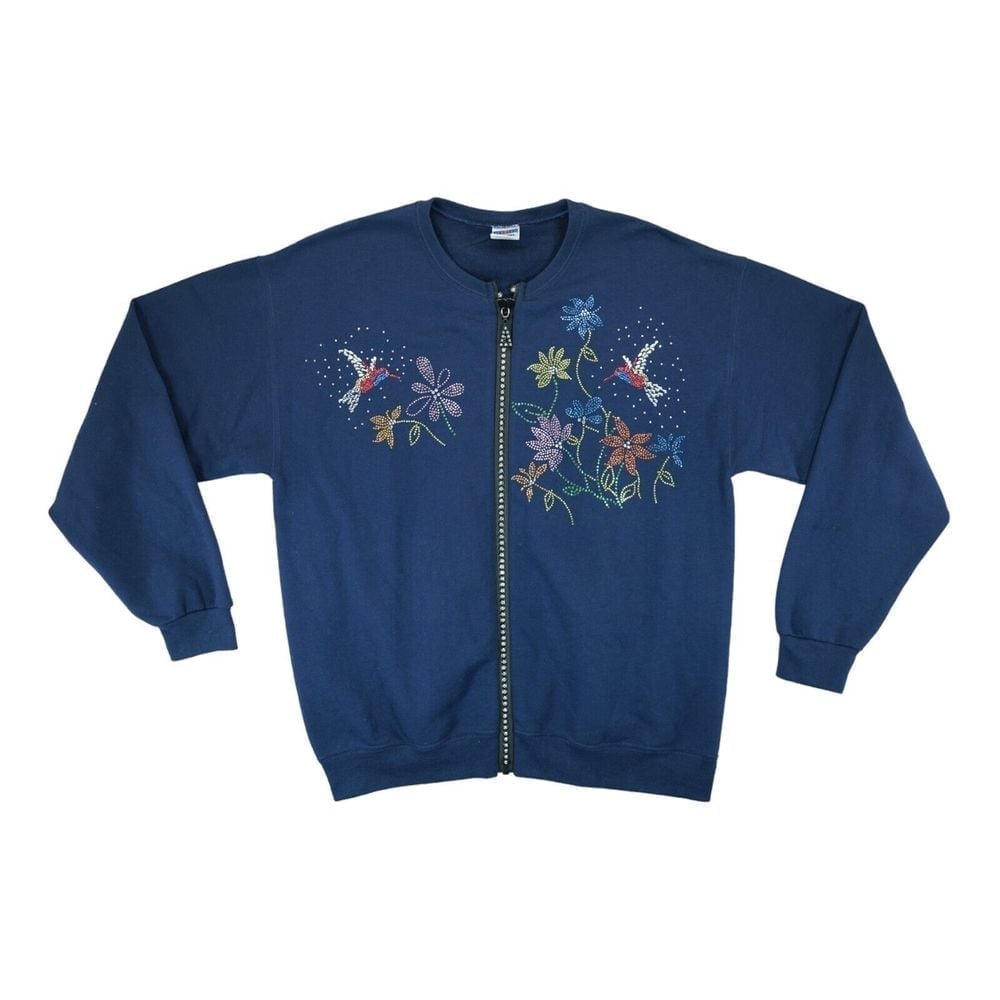 Jerzees Women's Sweatshirt Large Blue Full Zip Flowers & Birds Rhinestones