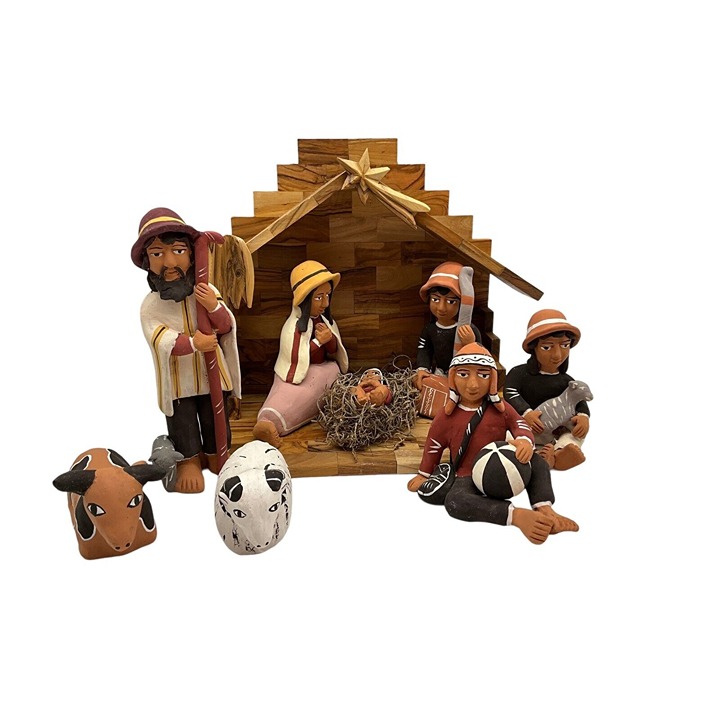 Vintage Hand Crafted Terra Cotta Nativity Set, Wooden Creche