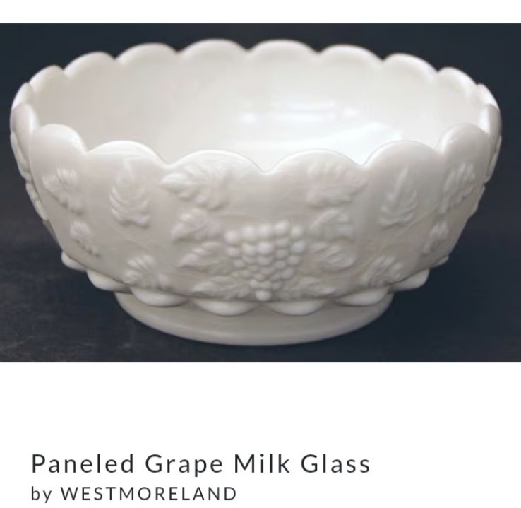 Westmorland MILK GLASS BOWL Cupped Paneled Grape c1940 - 84 Discontinued 8