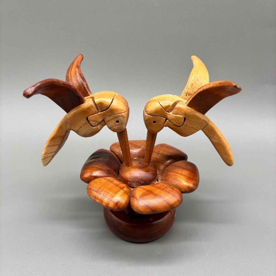 Vintage Carved Wooden 3D Puzzle Hummingbirds Floral Design Handcrafted Sculpture