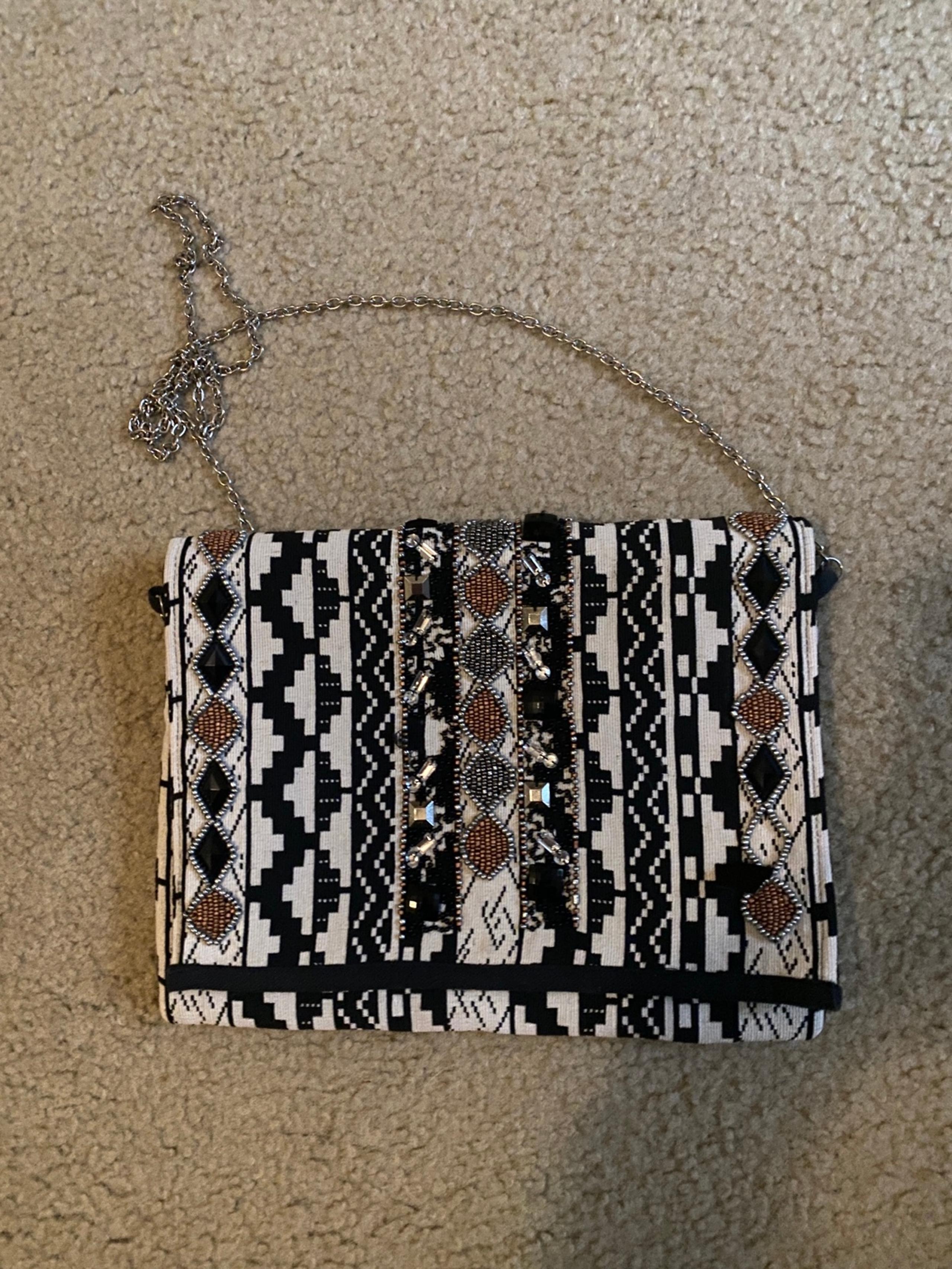 Aztec Crossbody Beaded Black & White Handbag Purse