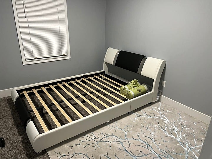 NEW Modern Queen Upholstered Platform Bed Frame with Mirror Metal Headboard